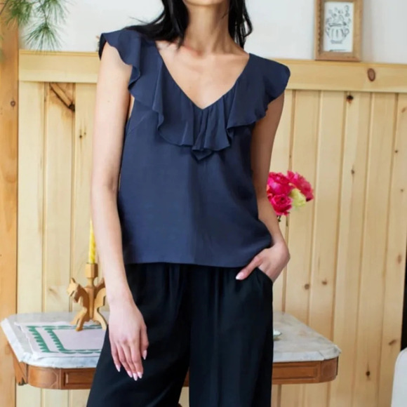 Emerson Fry Midnight Blue Front Back V Neck Sleeveless Ruffle Blouse Size M - Picture 1 of 11